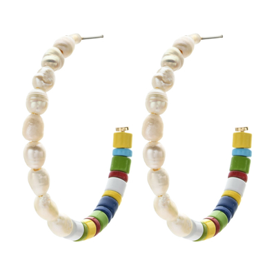 Alloy Beads Enamel Hoop Earrings , Freshwater Pearls Hoop Beaded Earrings