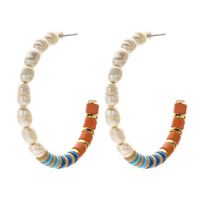 Alloy Beads Enamel Hoop Earrings , Freshwater Pearls Hoop Beaded Earrings