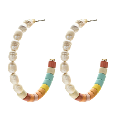 Alloy Beads Enamel Hoop Earrings , Freshwater Pearls Hoop Beaded Earrings