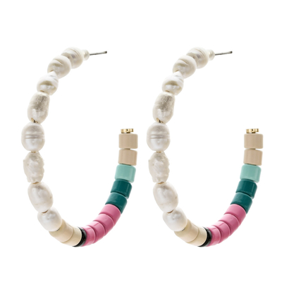Alloy Beads Enamel Hoop Earrings , Freshwater Pearls Hoop Beaded Earrings