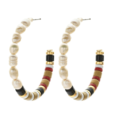 Alloy Beads Enamel Hoop Earrings , Freshwater Pearls Hoop Beaded Earrings