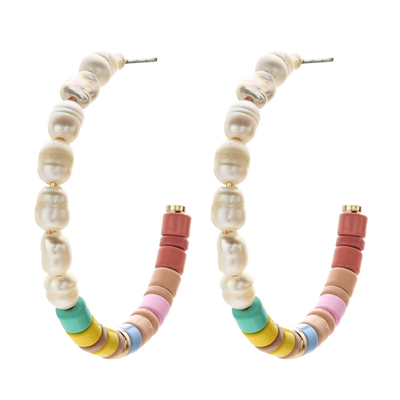 Alloy Beads Enamel Hoop Earrings , Freshwater Pearls Hoop Beaded Earrings