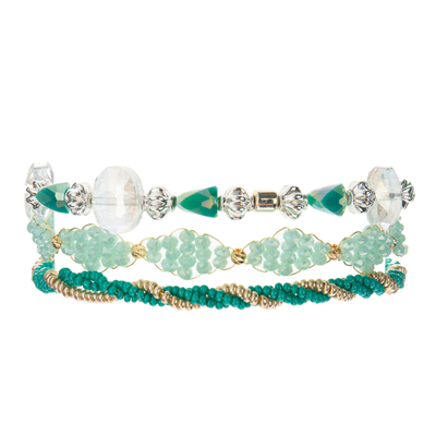 Stretchy Multi Beaded Bracelets Sets , Green Silver Seed Beads Bracelets