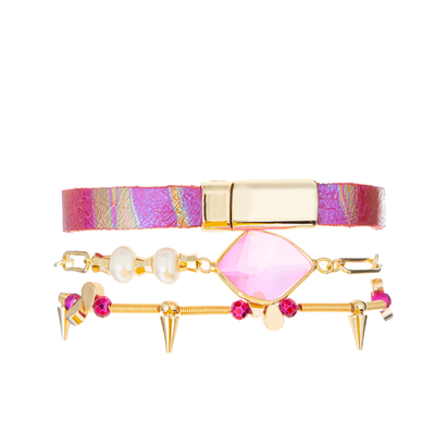0.7mm clear elastic Beaded Bracelet Stack Set Hot Pink Leather crystal Zircon Material