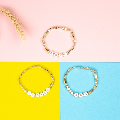 18.5cm Elastic Enamel Beads Name Bracelet With 14k Gold Plated