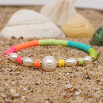 Bohemia Style Freshwater Pearl Bracelet , rainbow multicolor Polymer Clay Bracelets