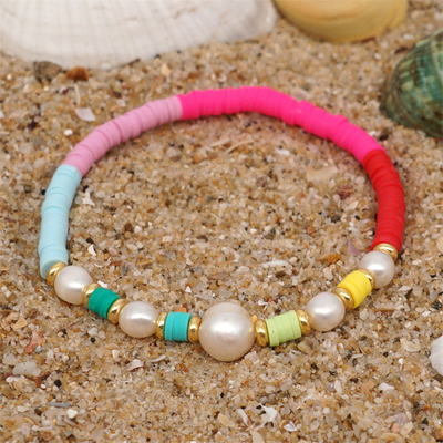 Bohemia Style Freshwater Pearl Bracelet , rainbow multicolor Polymer Clay Bracelets
