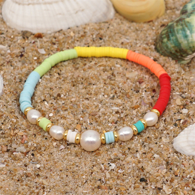 Bohemia Style Freshwater Pearl Bracelet , rainbow multicolor Polymer Clay Bracelets
