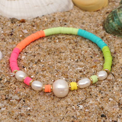 Bohemia Style Freshwater Pearl Bracelet , rainbow multicolor Polymer Clay Bracelets