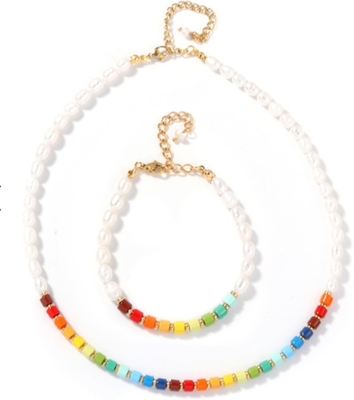 5-6mm Freshwater Pearl Bracelet , rainbow colored Enamel Bead Bracelet