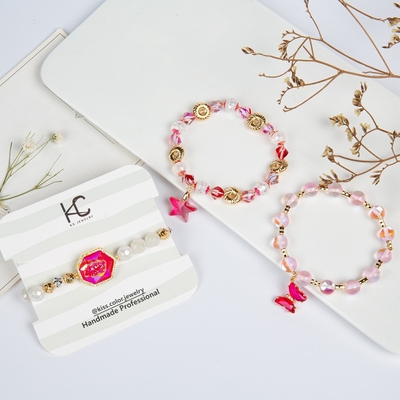 Resin Druzy Handmade Beads Bracelets Pink Star Butterfly For Girl
