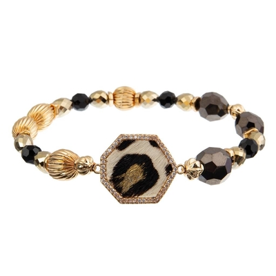 10mm Bead Handmade Leather Bracelet 18.5cm gold foiled black and white Leopard