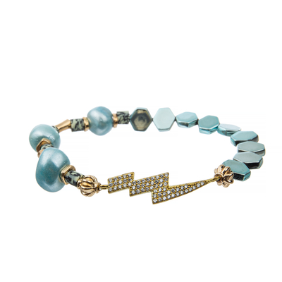 Hexagon Hematite Leopard Polyclay Handmade Beaded Bracelet Blue Turquoise Plated
