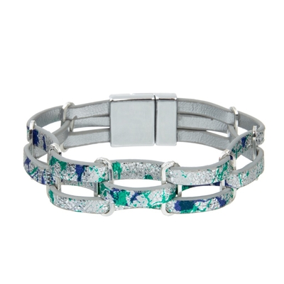 Green Silver Boho 3 Layer Chain Braided Wrap Handmade Leather Bracelets