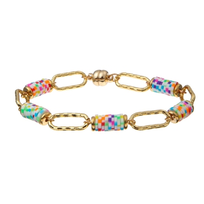 Rainbow Polyclay Piece Handmade Beads Bracelets 6mm With Gold Chain Magnets