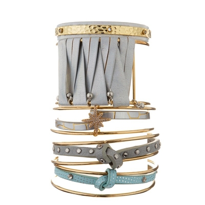 Affordable Multi Stack Polka Dot Blue Leather Bracelet Gold Cuff Adjustable Size