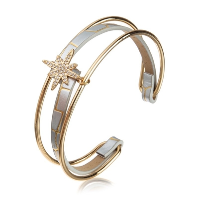 Zircon Gold Star Charm Hand Woven Leather Bangle Open Cuff For Woman
