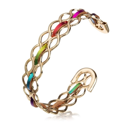 Inspirational Rainbow Leather Bracelet With Twisted Style Metal Open Cuff