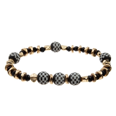 Cool Punk Style Handmade Leather Bracelet With Gold Chain Checkerboard Pattern Ball
