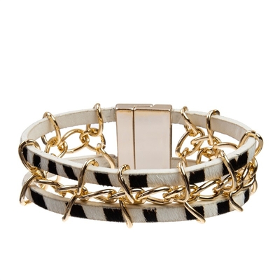 Cool Punk Style Handmade Leather Bracelet With Gold Chain Checkerboard Pattern Ball