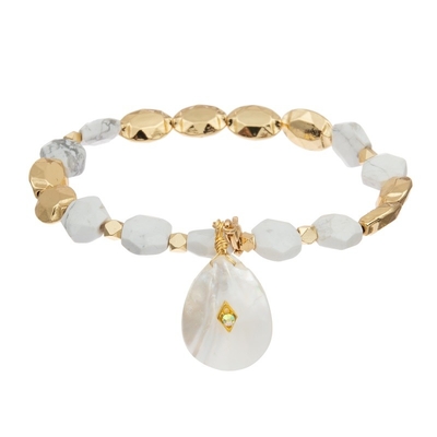 Hexagon Natural Beaded Stone Bracelet Set Healing Power With Shell Pendant