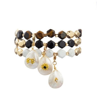 Hexagon Natural Beaded Stone Bracelet Set Healing Power With Shell Pendant