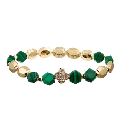 Stretchy Malachite Beads Zircon Leaf Charm Bracelet With Gold Chain