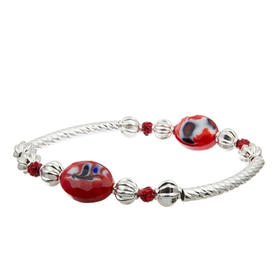 Leopard Print Glass Crystal Charm Bracelet With Red Silver Beads