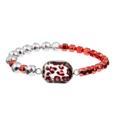 Leopard Print Glass Crystal Charm Bracelet With Red Silver Beads