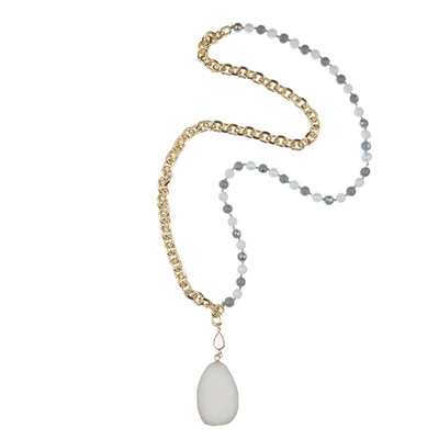 Natural Gemstone Druzy Pendant Healing Beads Necklace 8mm With Gold Chain