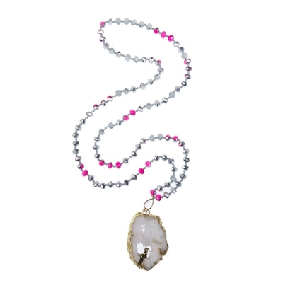 Semi Precious Druzy Pendant Glass Beads Handmade Necklace Metallic Color