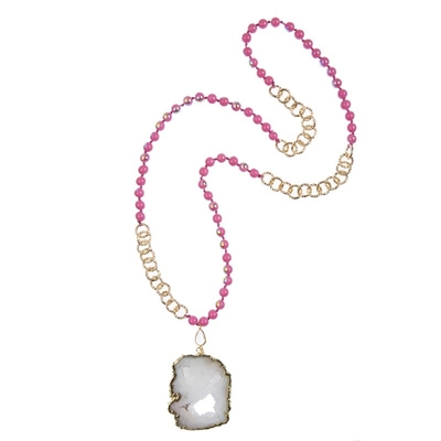 White Druzy Pendant Pink Color Beads Long Necklace With Gold Edge