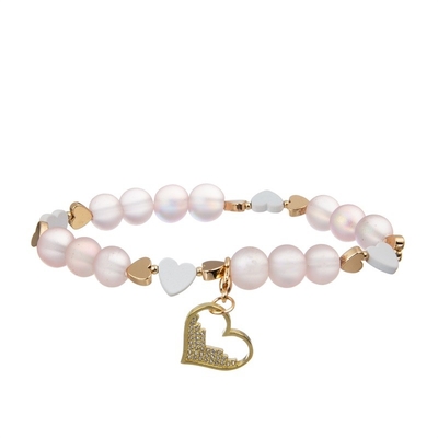 Pink Girl Elegant Dainty Beaded Bracelet Set With Gold Heart Pendant