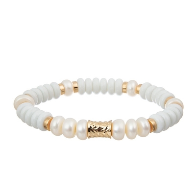 Fresh Water Pearl Gold Space Beaded Stacked Stretchy Bracelet For Lady