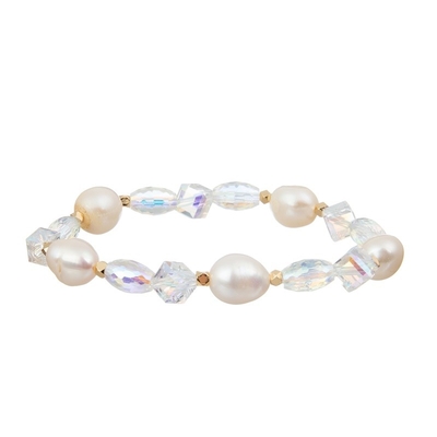 Fresh Water Pearl Gold Space Beaded Stacked Stretchy Bracelet For Lady