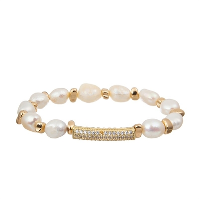 Fresh Water Pearl Gold Space Beaded Stacked Stretchy Bracelet For Lady
