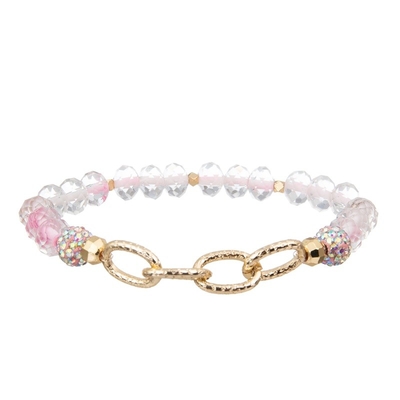 Pink Girl Elegant Dainty Beaded Bracelet Set With Gold Heart Pendant