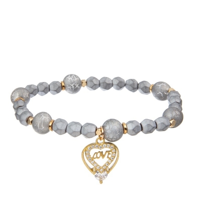 Metallic Silver Round Shape Handmade Beads Bracelets With Love Letter Heart Pendant
