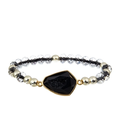 Cool Lady Round Beads Bracelet Set Black Facted Small Size With Druzy Charm