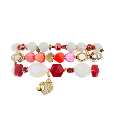 Gold Color Metal Beads Pink Heart Handmade Bracelet Set For Girl As Gift