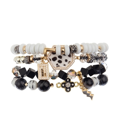 Sexangle Zebra Print Leather Zircon Charm Bracelet Set With Special Abacus Pendant