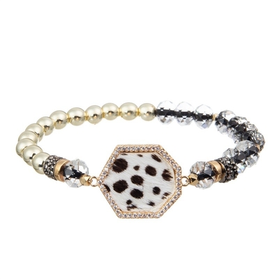 Sexangle Zebra Print Leather Zircon Charm Bracelet Set With Special Abacus Pendant