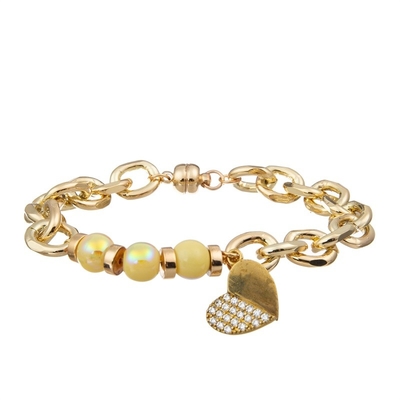 Bright Yellow Half Chain Half Beads Bracelet With 14k Gold Zircon Love Heart Pendant