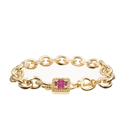 Lady Gold Chain Link Bracelet With Red Shining Diamond Cross Charm