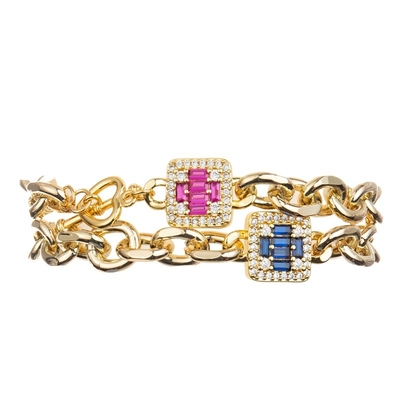 Deep Blue Shining Diamond Cross Charm Gold Chain Link Bracelet For Fashion Lady