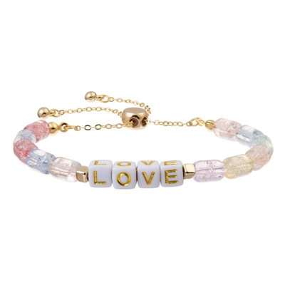 Customize Square Gold Letter Beads Adjustable Bracelet With Cracked Crystal Beads