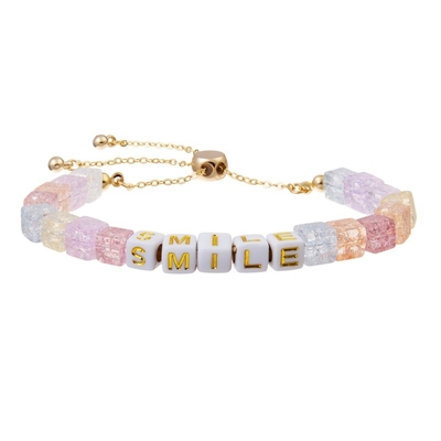 Customize Square Gold Letter Beads Adjustable Bracelet With Cracked Crystal Beads