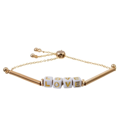 White Love Letter Beads Chain Link Bracelet Adjustable With Metal Tube