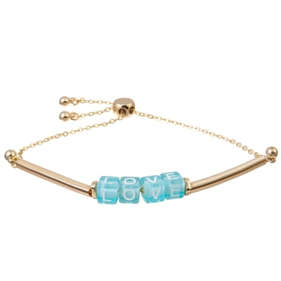 Boho Blue Love Letter Beads Gold Chain Link Bracelet With Metal Tube