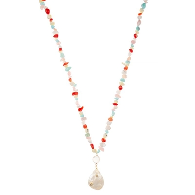 Spring Handmade Beaded Chain Necklace With Multicolor Stone Beads Shell Pendant